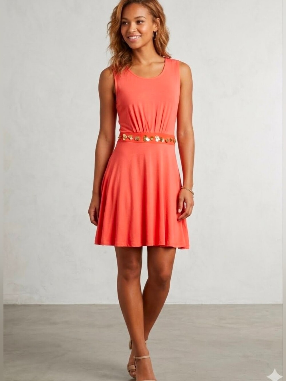 ASOS Coral Pink Sleeveless Dress with Gold Sequin Waistband
